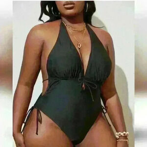 BLACK HALTER ONE PIECE SWIM SUIT